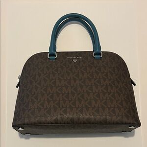 Michael Kors Cindy Large Dome Signature Brown and Teal Satchel